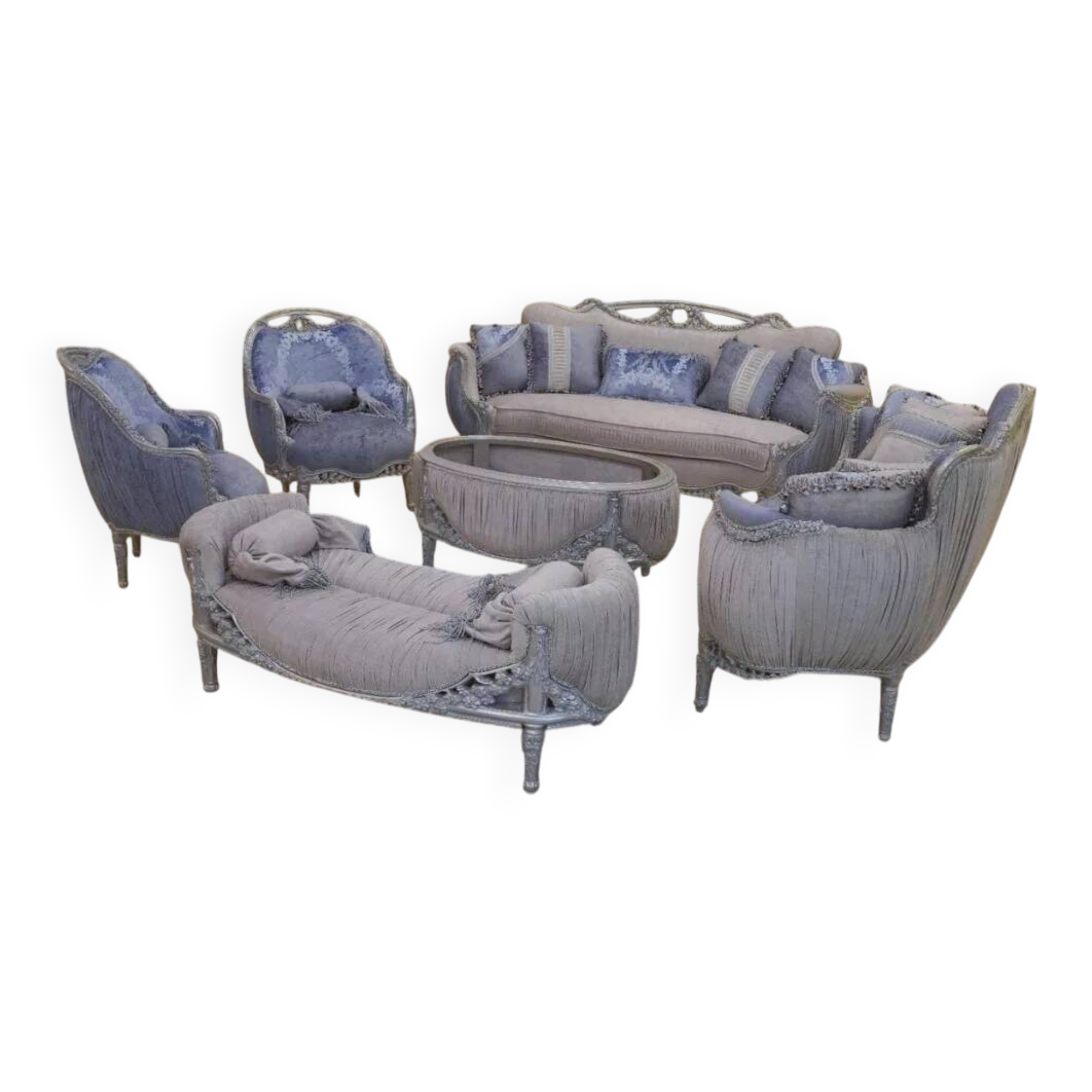 Complete Louis XV Light Blue Living Room Set – Carved Wood and Luxurious Upholstery