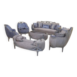 Salon complet style Louis - tissu bleu