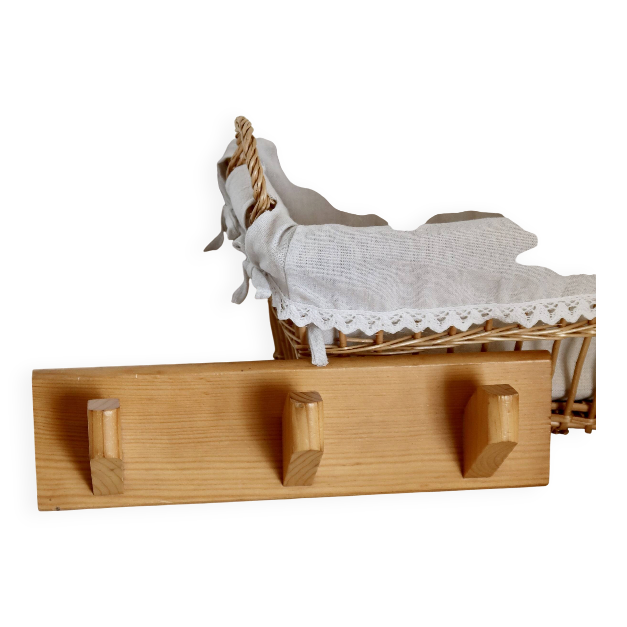 Vintage wall coat rack in pine with 3 hooks.