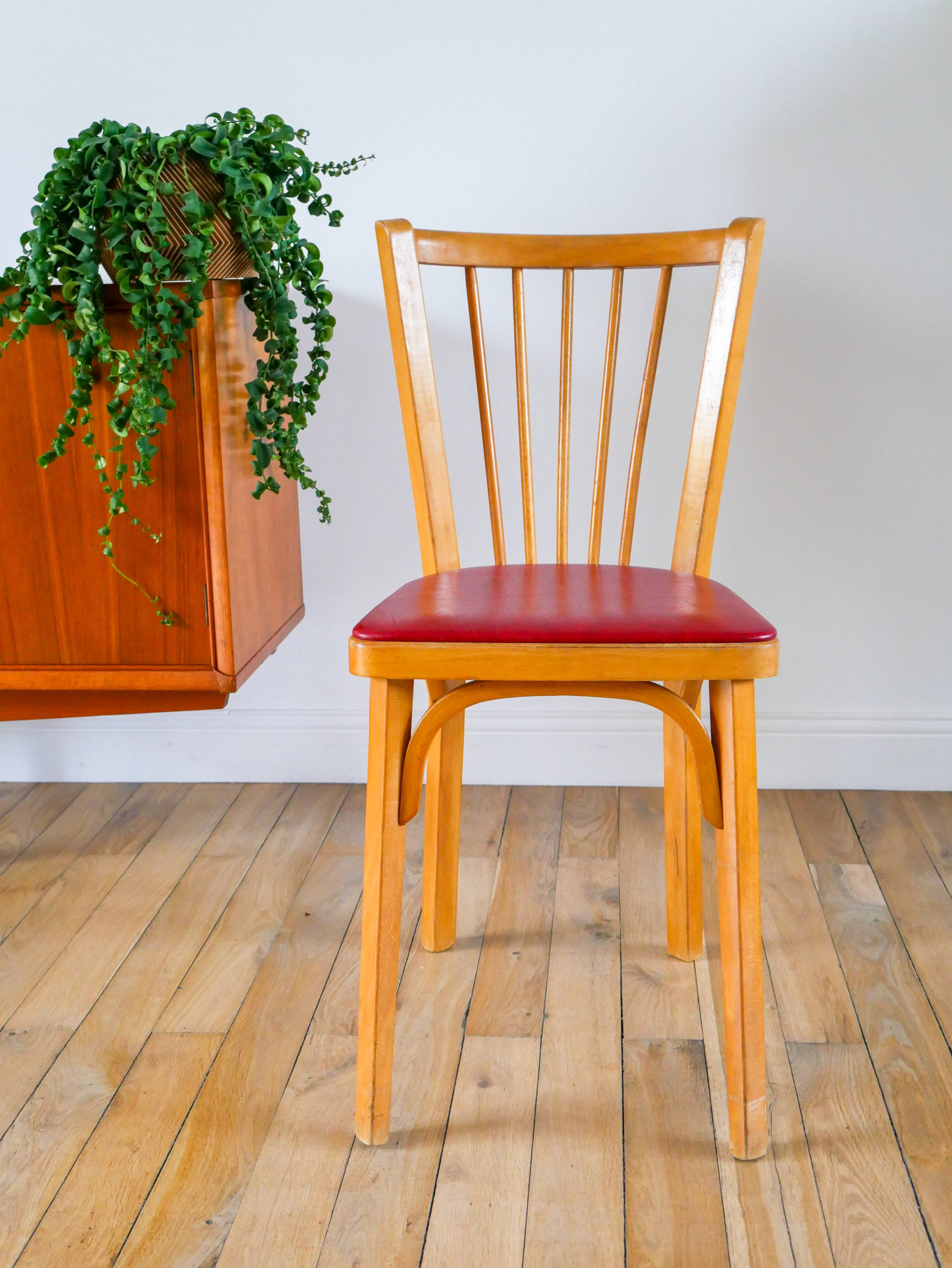 Baumann bistro chair in blond oak and red leatherette, 1950