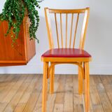 Baumann bistro chair in blond oak and red leatherette, 1950