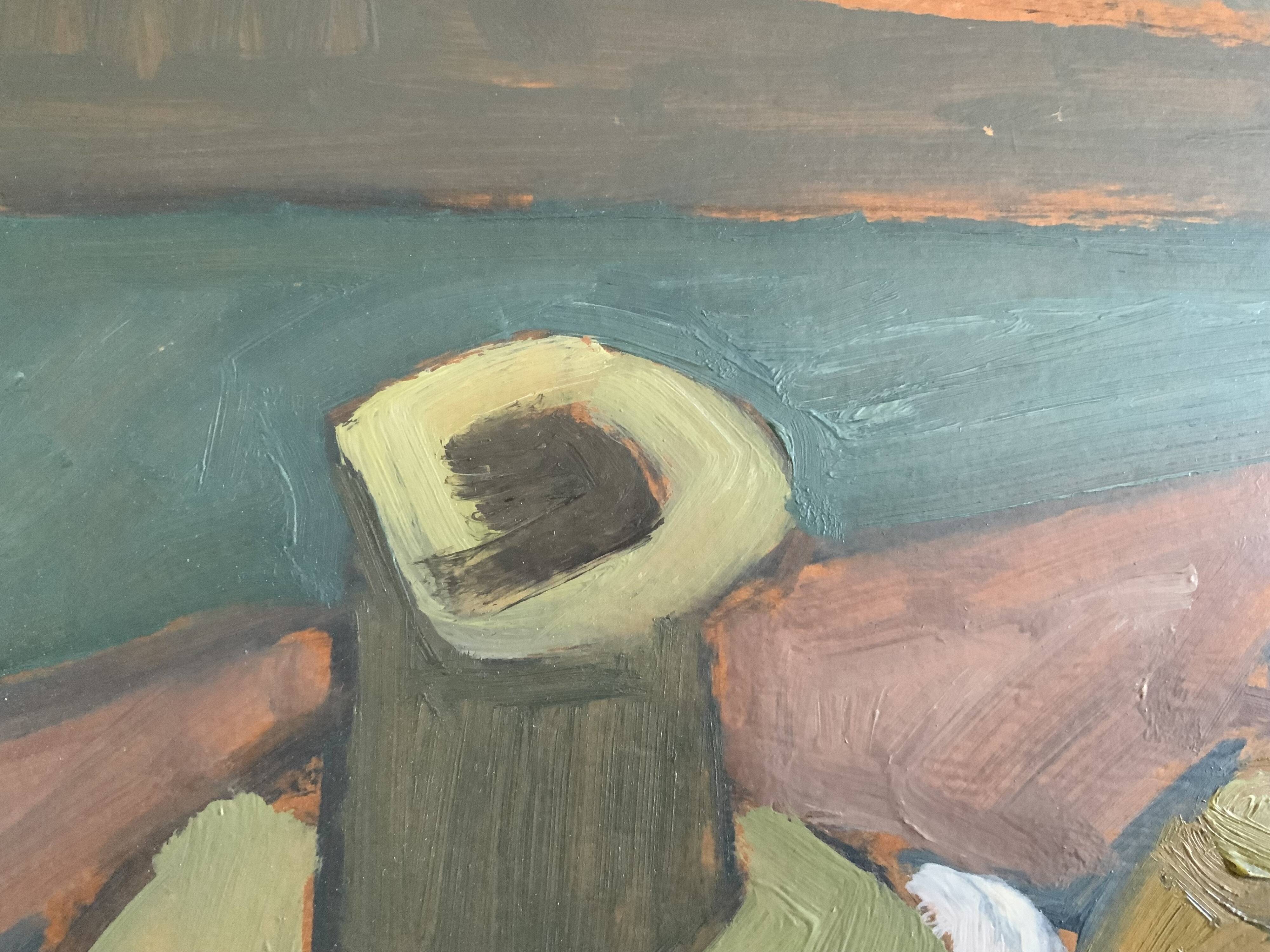 Original Modernist artwork still life with fruits and blue teapot 1950s