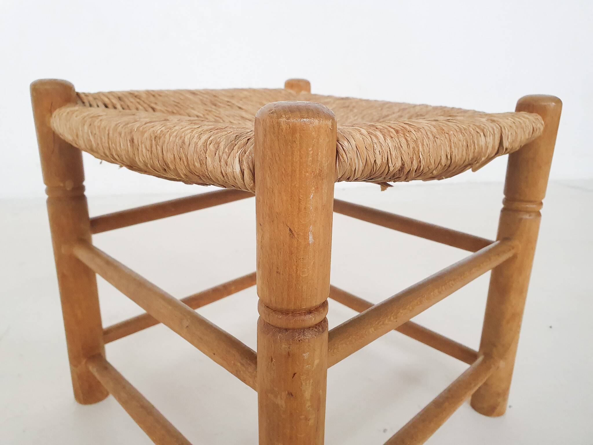 Vintage rattan and wooden stool, France, 1960's