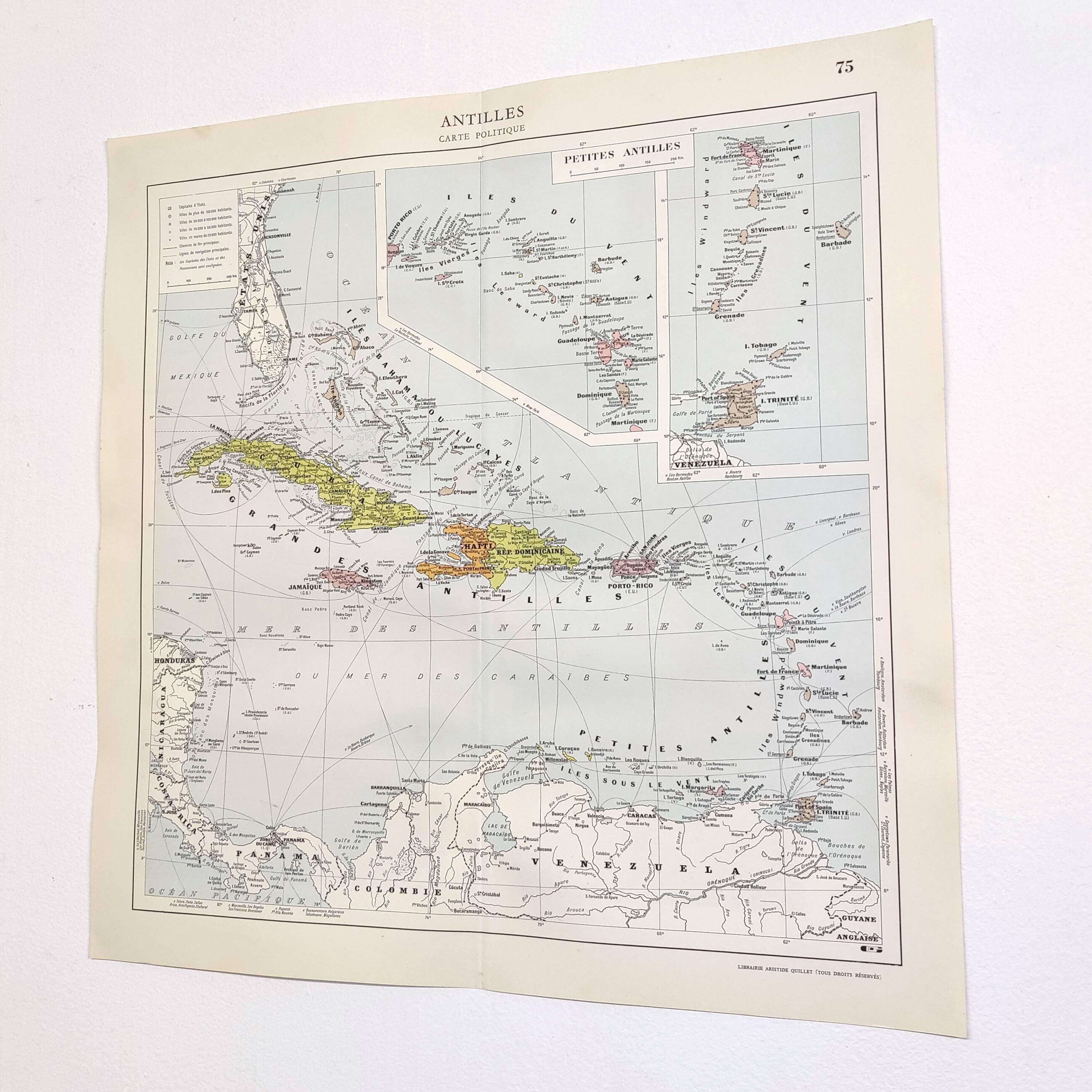 Map of the Antilles Caribbean Sea archipelago vintage from 1950
