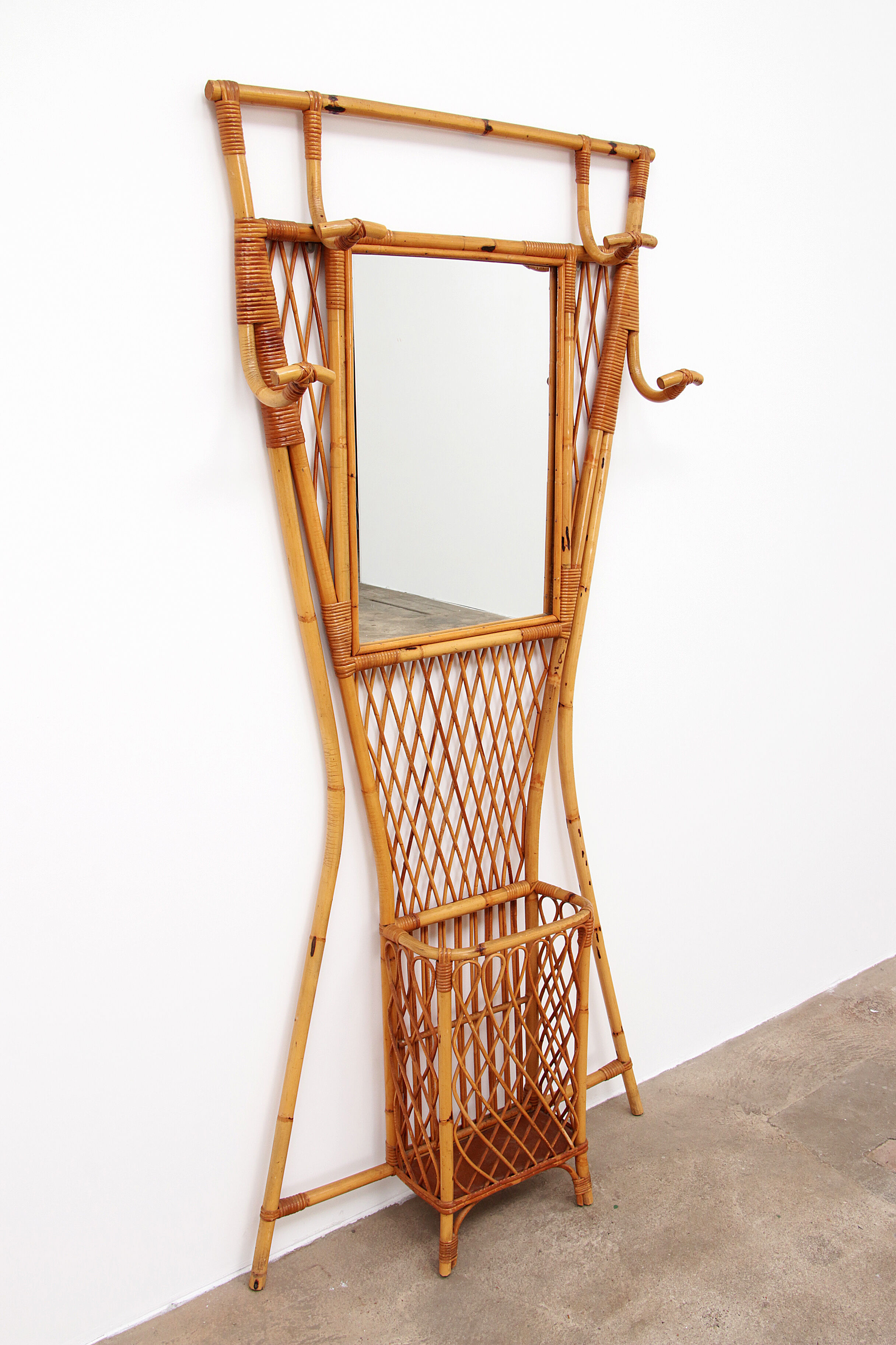 French Bamboo wall coat rack with large mirror, 1960