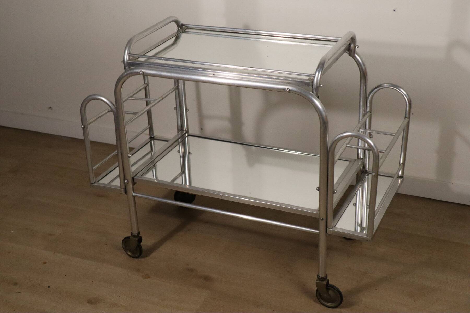 Desserte roulante vintage années 70 en métal chromé et verre miroir