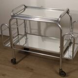 Desserte roulante vintage années 70 en métal chromé et verre miroir