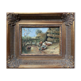Painting "Ducks in the pond" HST signed Guichard + frame