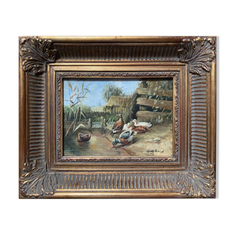 Painting "Ducks in the pond" HST signed Guichard + frame