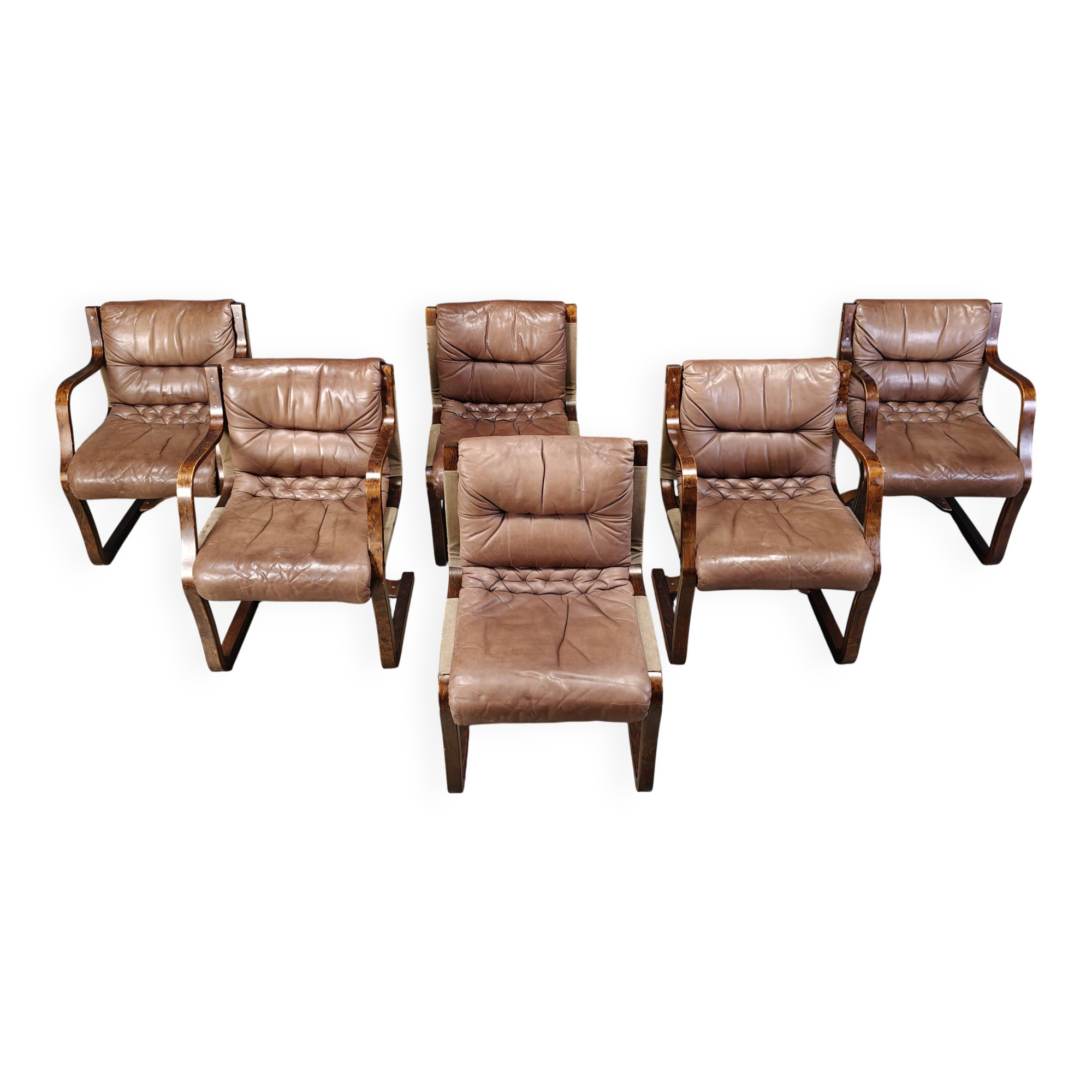 Vintage Asko Pajamies Finland Leather Plywood chairs, set of 6 - 1970s