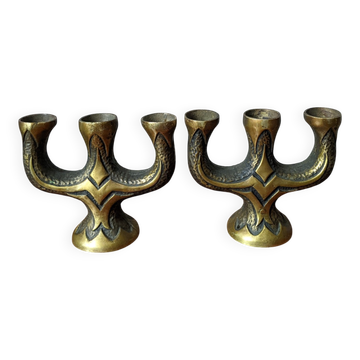Pair of bronze candlesticks, bohemian ethnic country decoration.