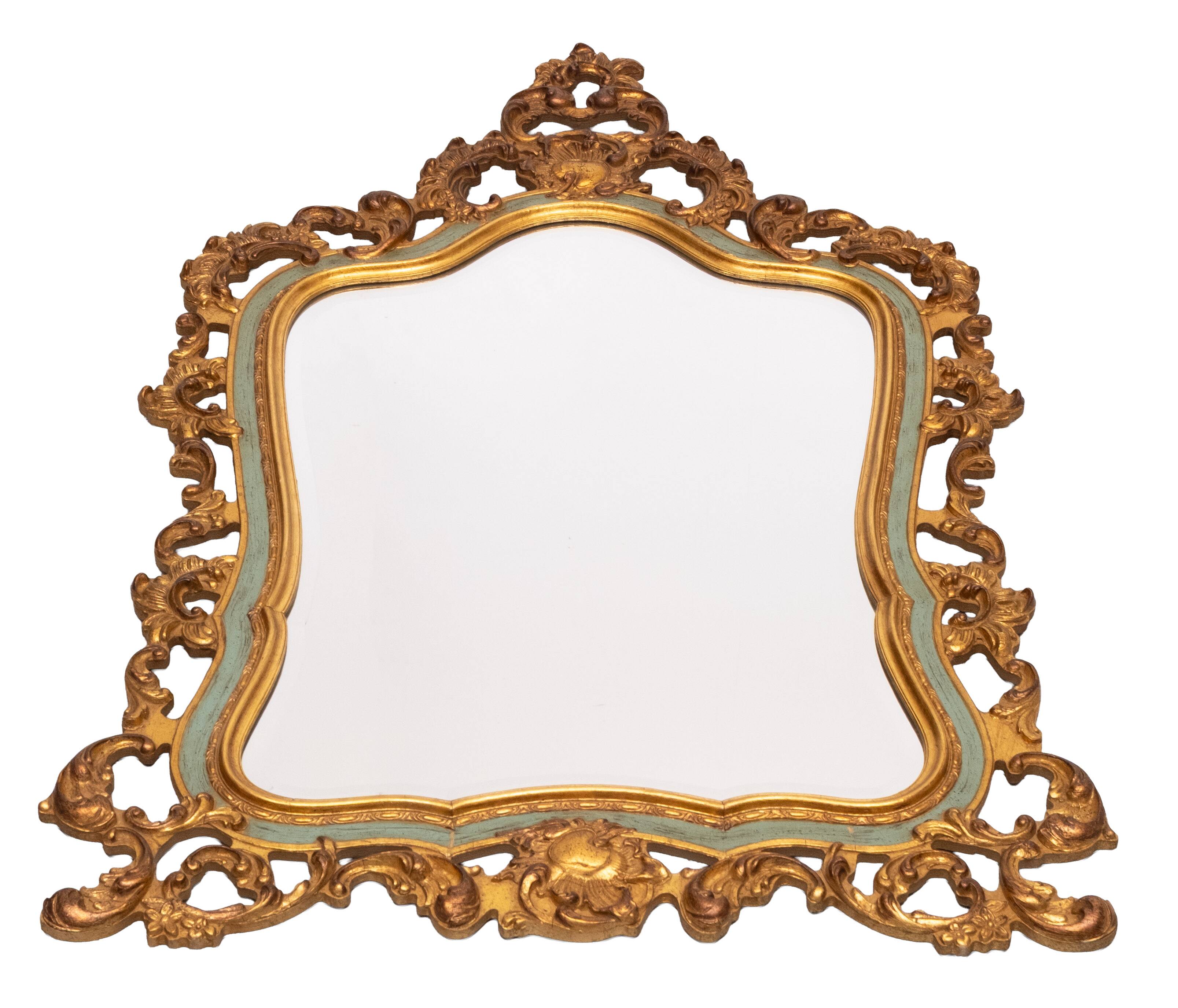 Baroque gilded Louis XV style beveled mirror with " Brevete" label, 1950s