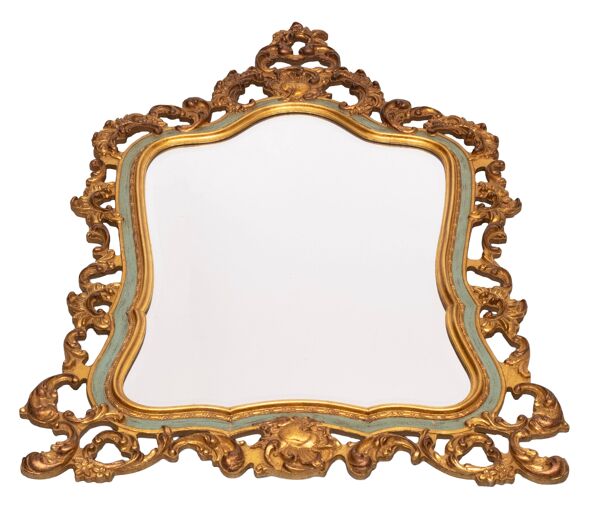 Miroir biseauté de style Louis XV baroque doré avec étiquette ''Brevete'', années 1950.