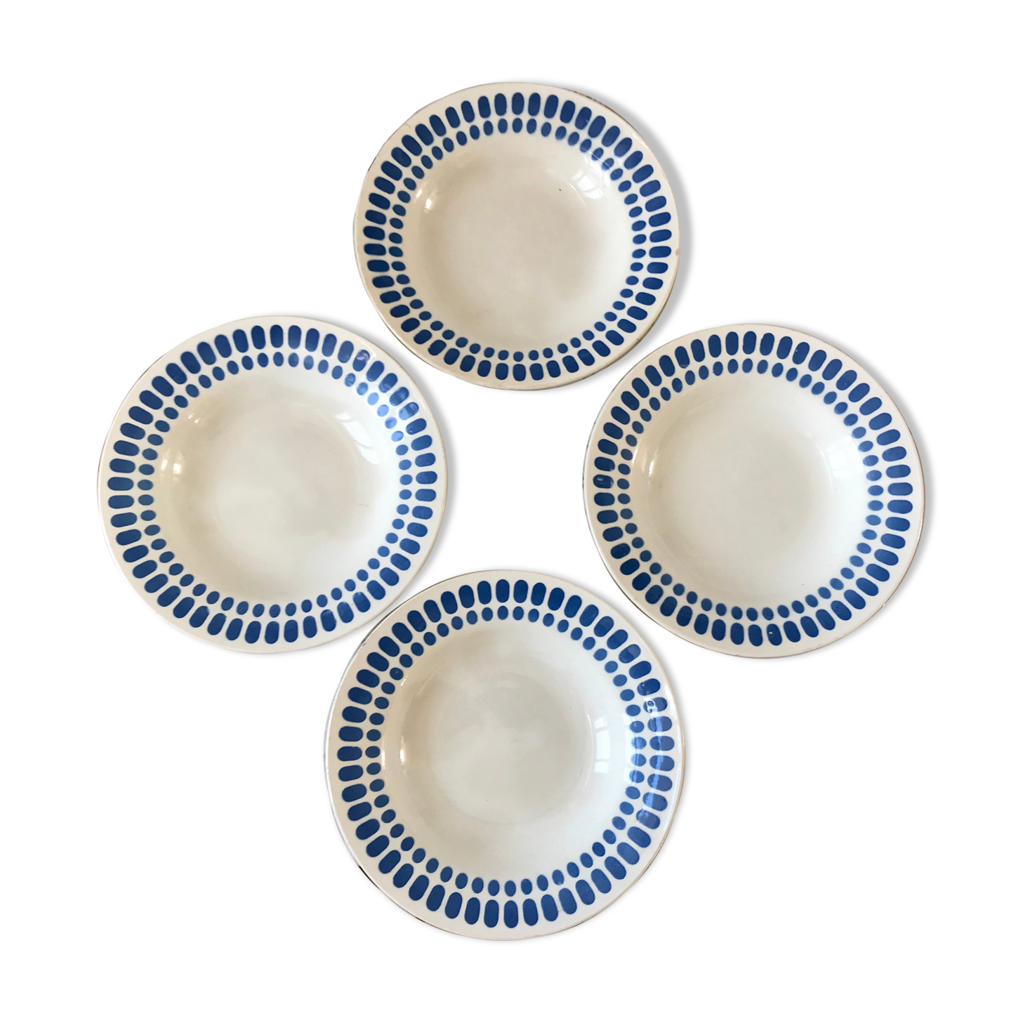 Set of 4 hollow plates Digoin Sarreguemines blue model "Tartan" 40s