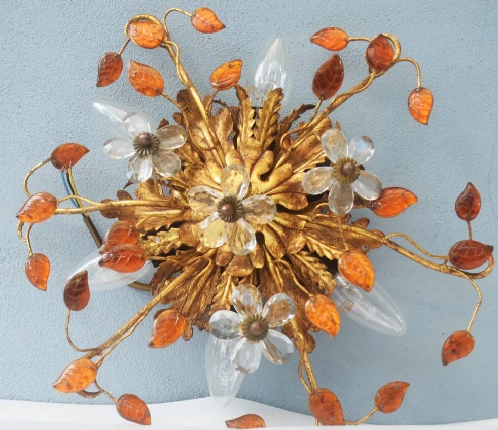 Banci-Firenze ceiling light, in Golden Iron and Crystal Flowers - 6 lamps
