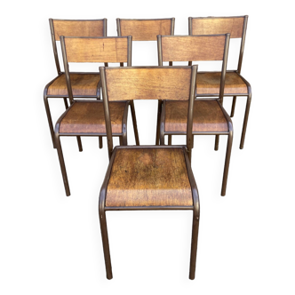 Set of 6 vintage industrial school chairs for communities mullca delagrave tube & wood french schoo