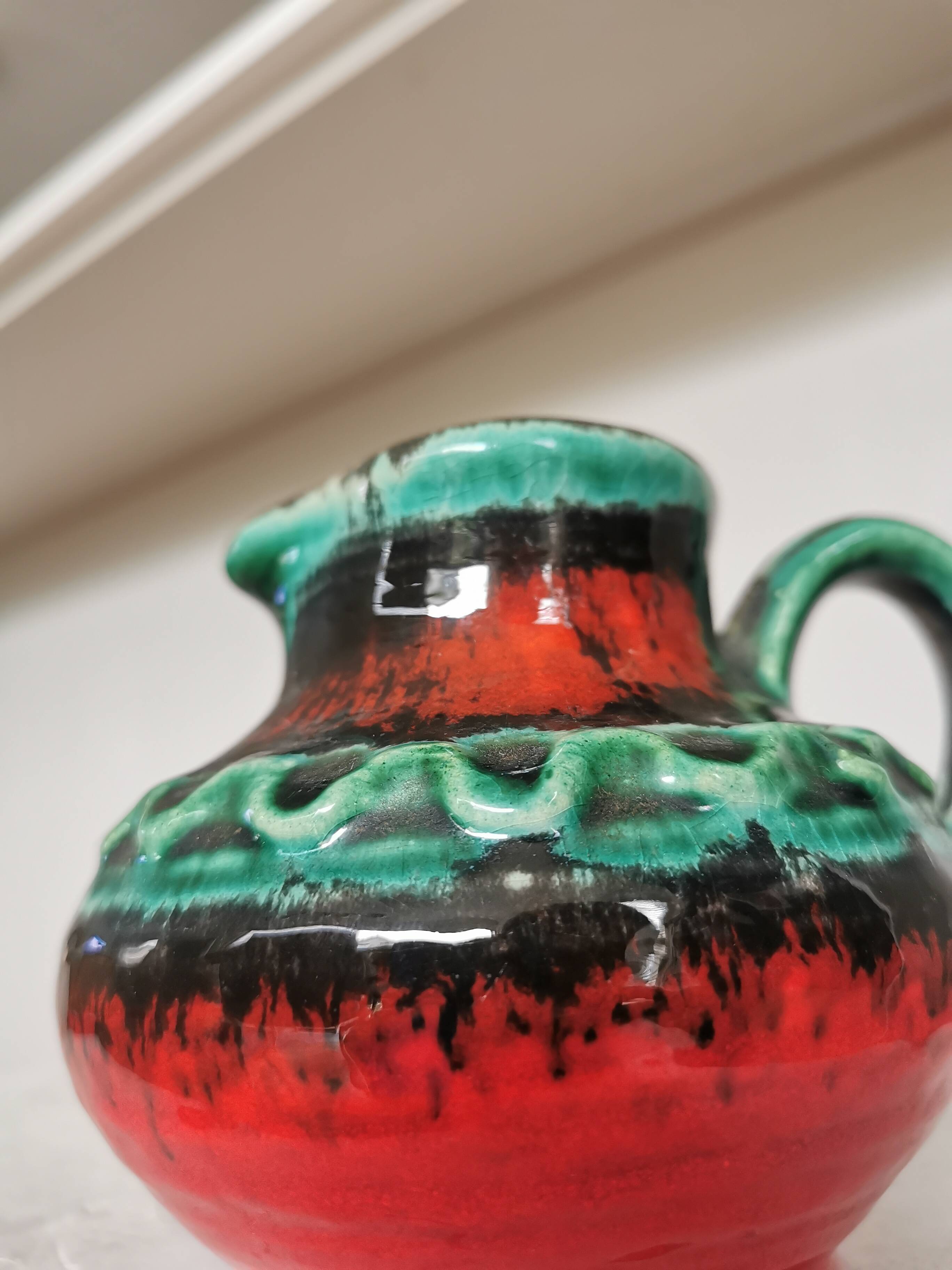 Fat Lava Pitcher Vase: Red Black Green Glaze, West German Pottery