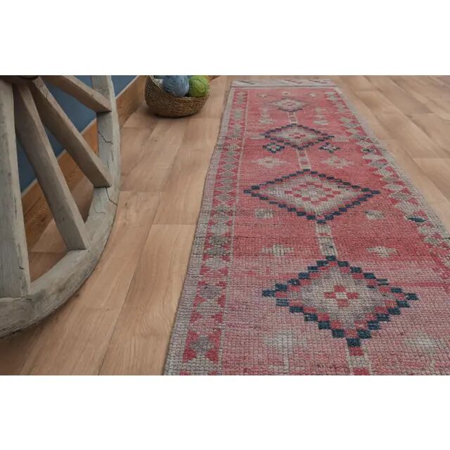 1970s Vintage Turkish Handmade Wool & Cotton Pink Runner Rug 75x318