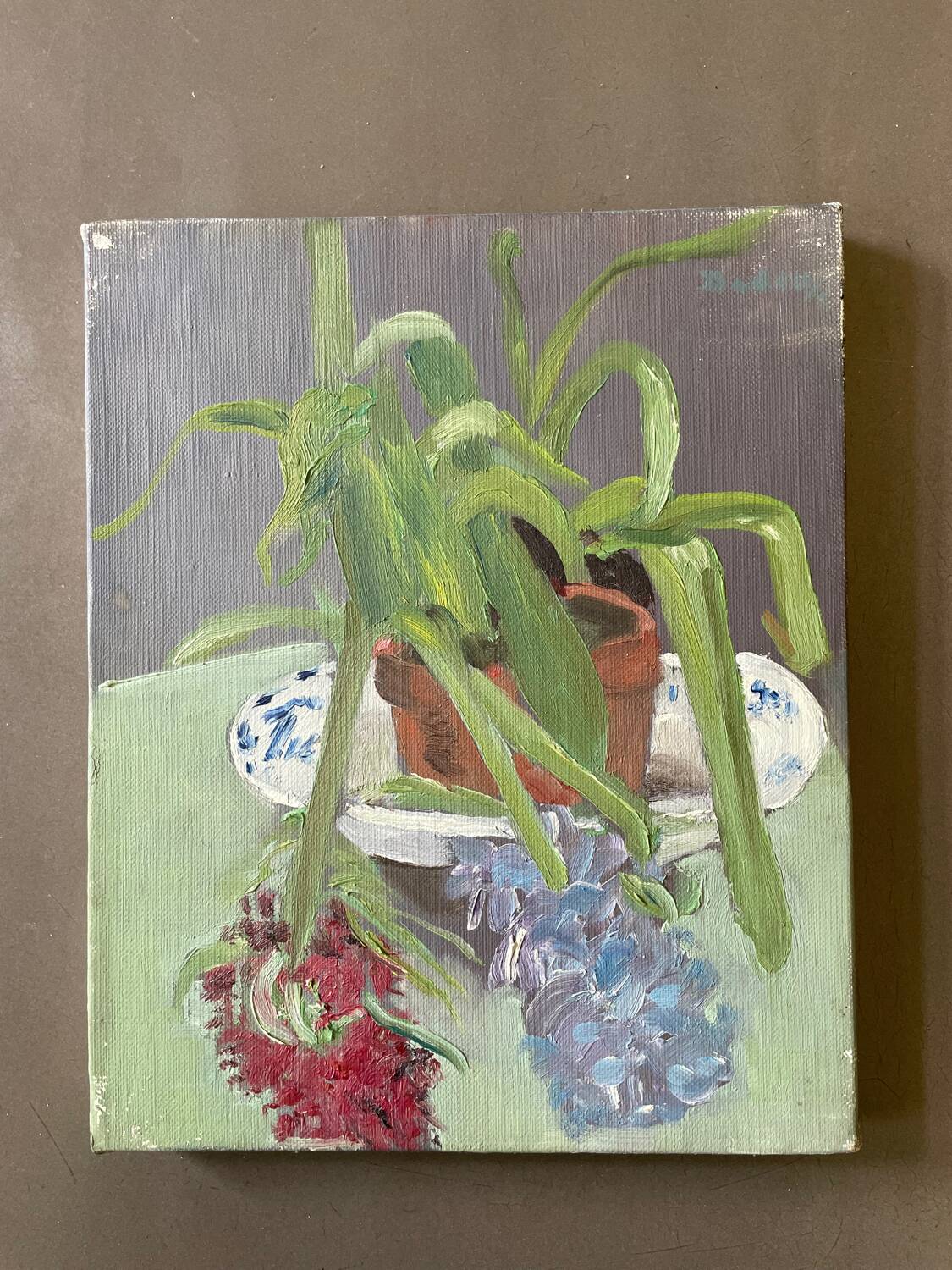 Still life painting vintage flower pot 70s