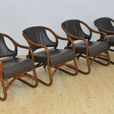 Ensemble de fauteuils en bambou avec sièges en cuir années 1970