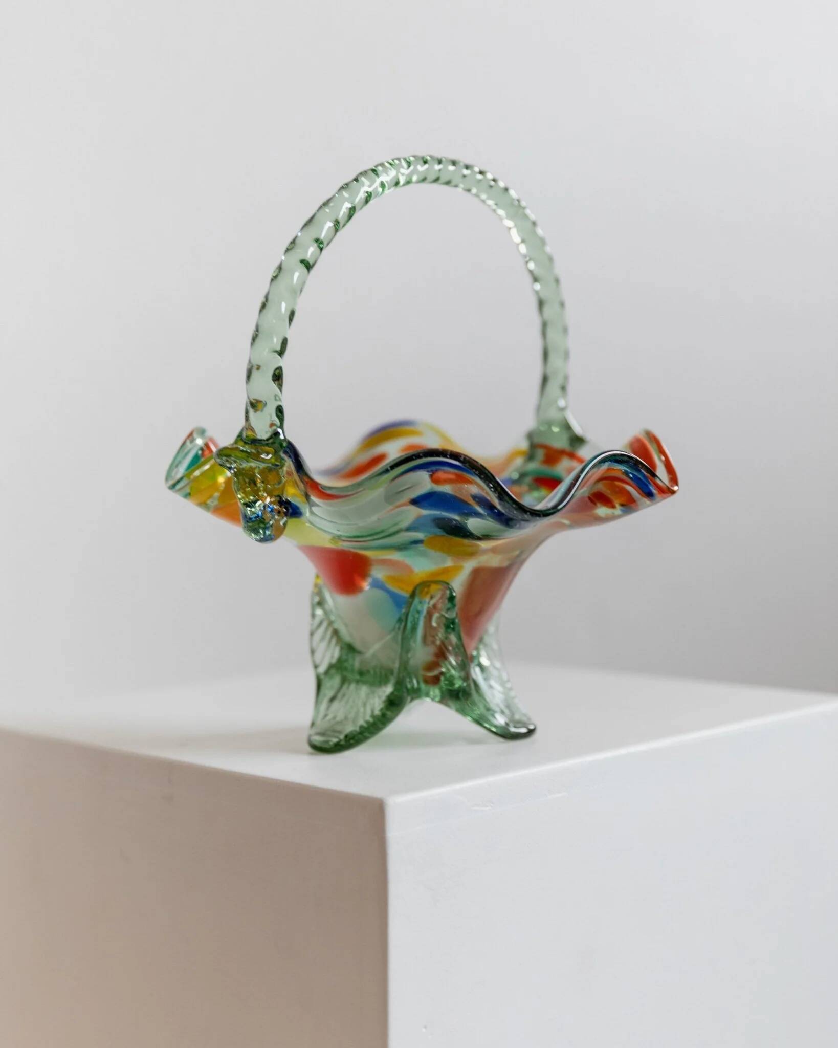 Multicolor Murano Glass Handle Bowl with Polka Dots, Ruffled Rim – 1970s Italian Mid-Century