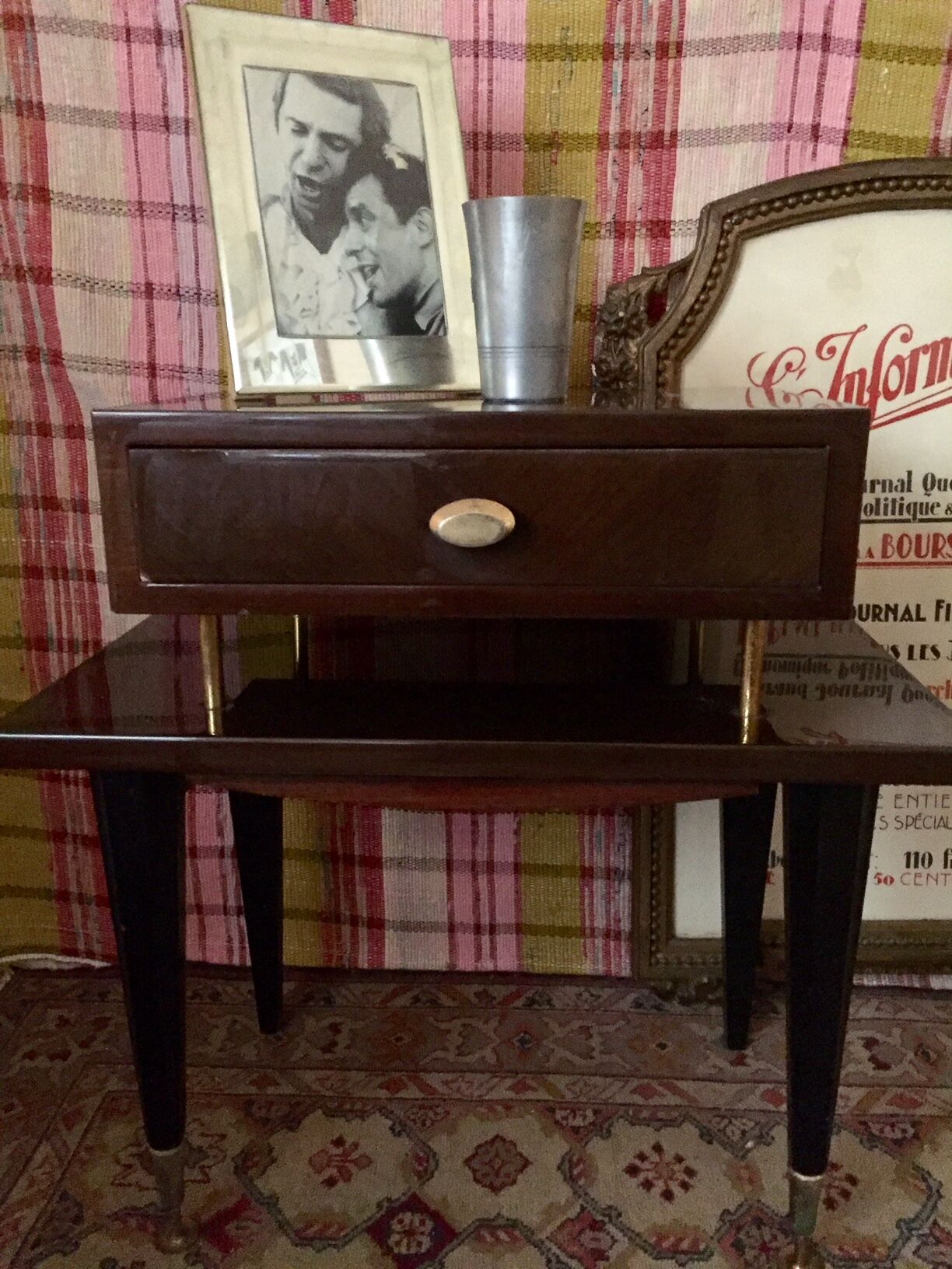 Varnished mahogany bedside table and brass 50s