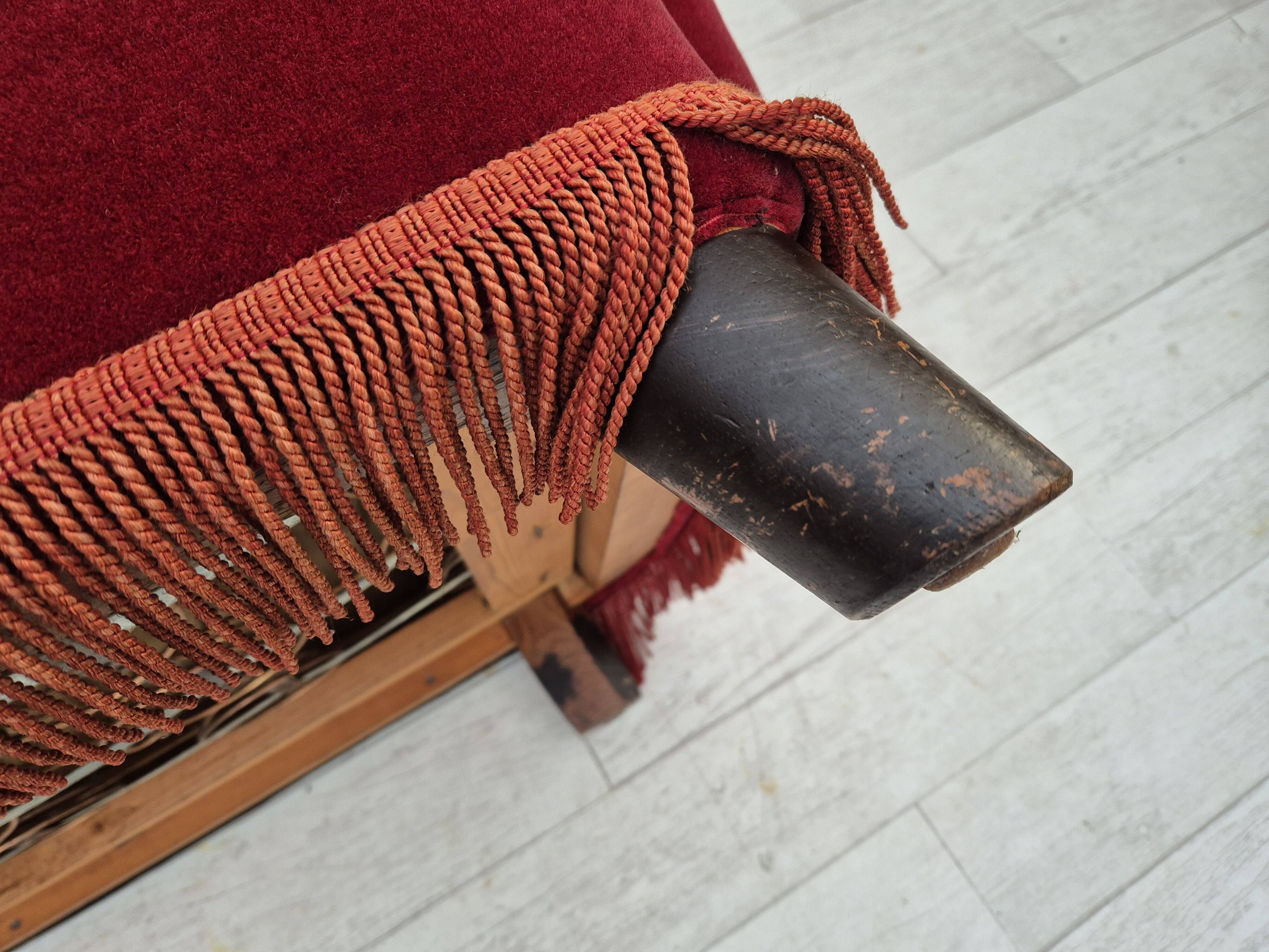 1960s, Danish 3 seater sofa, original condition, cherry-red furniture velour.