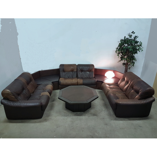 Custom U Shaped Leather And Wood Sofa Set With Coffee Table 1970s Selency Custom U Shaped Leather And Wood Sofa, Calgary Sofa Vintage Brown Leather