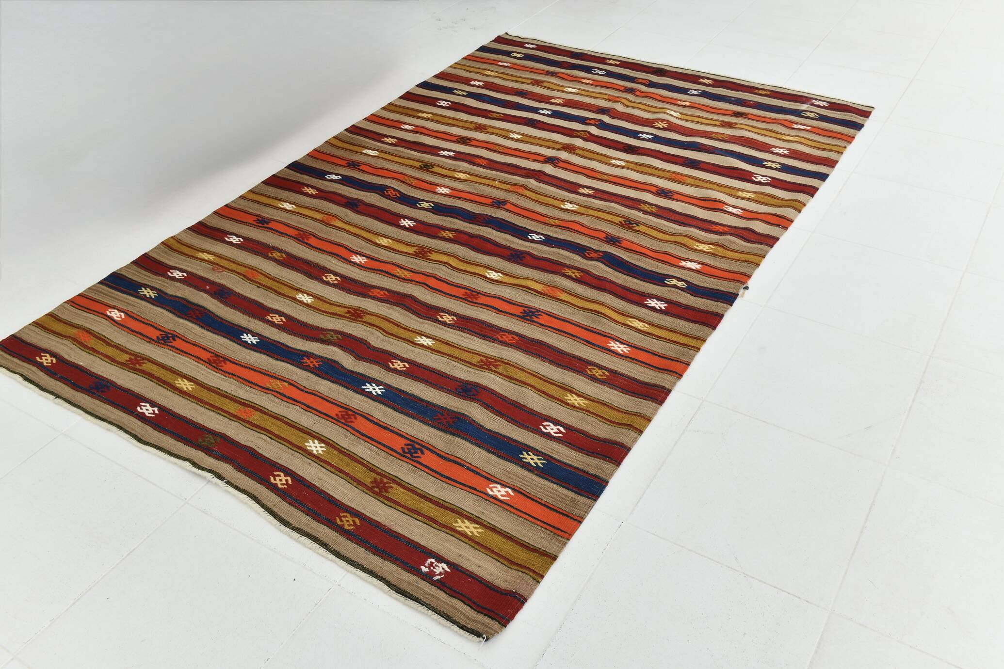Turkish Red & Blue Striped Kilim Rug, 151x244Cm