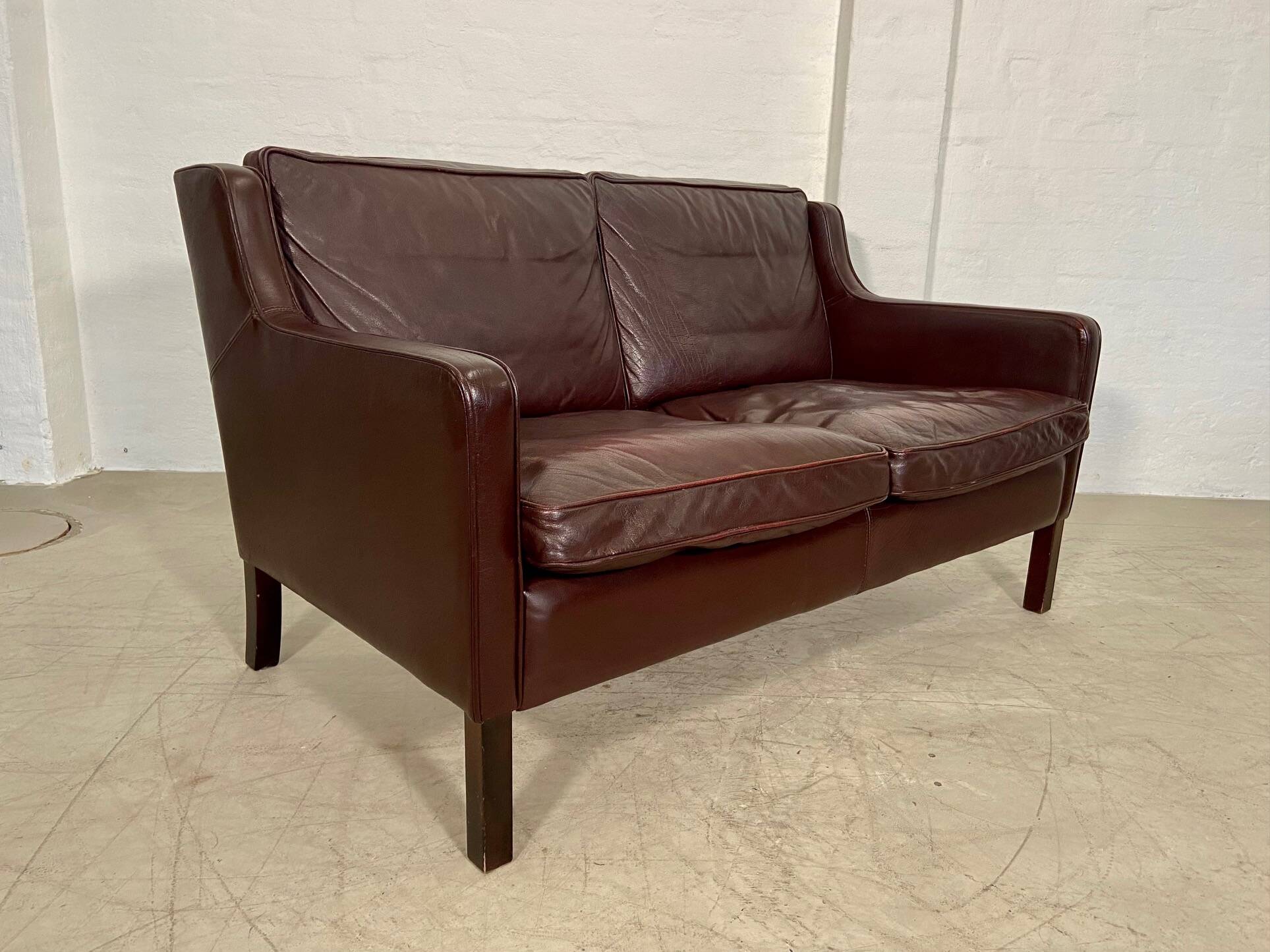Vintage danish mid century dark cognac leather 2 seater stouby sofa