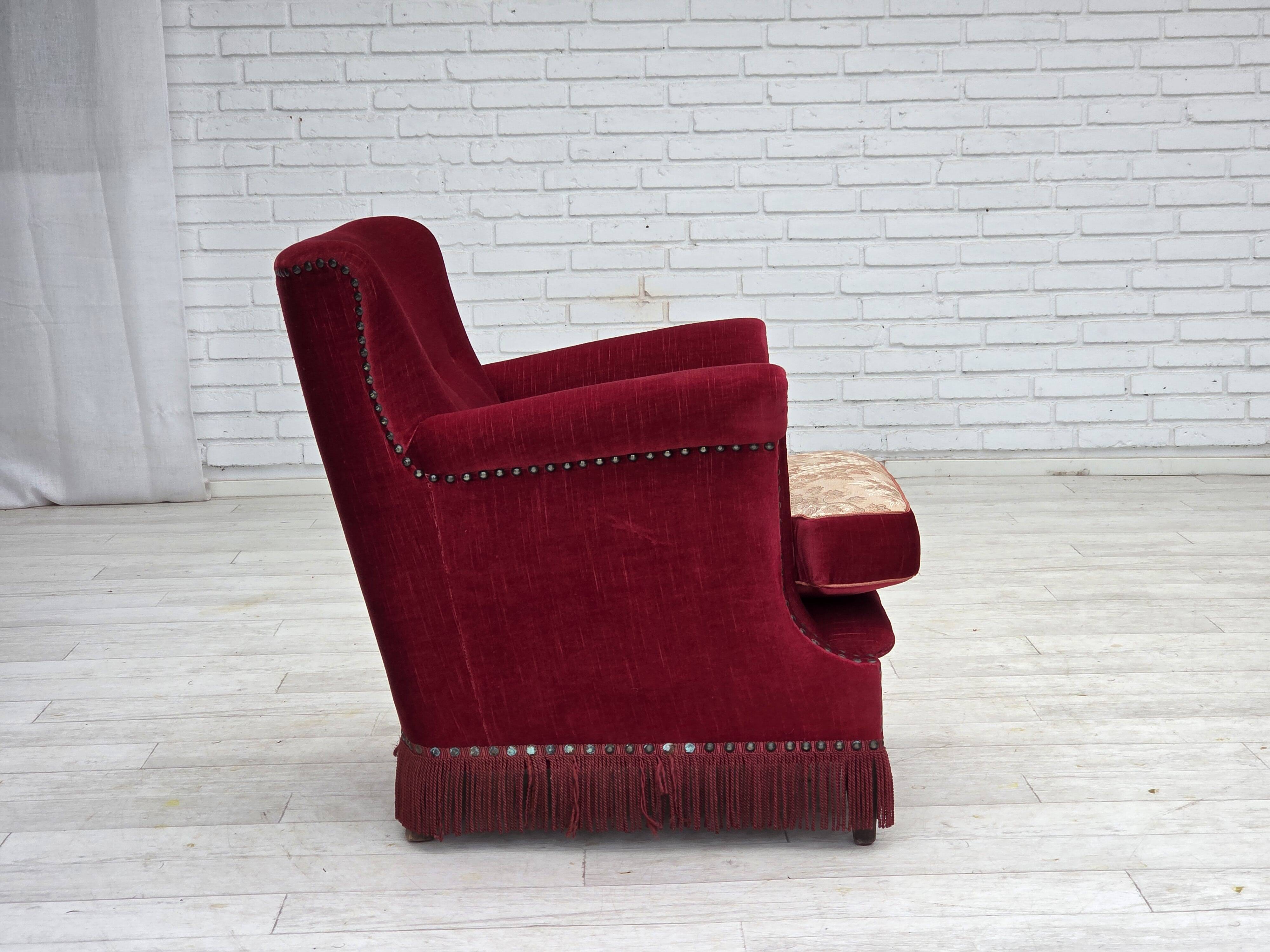 1970s, Danish armchair, red furniture velour, ash wood.