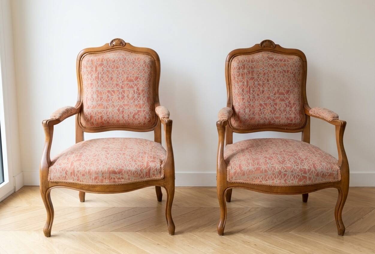 Pair of cabriolet armchairs in Louis XV style in light walnut.
