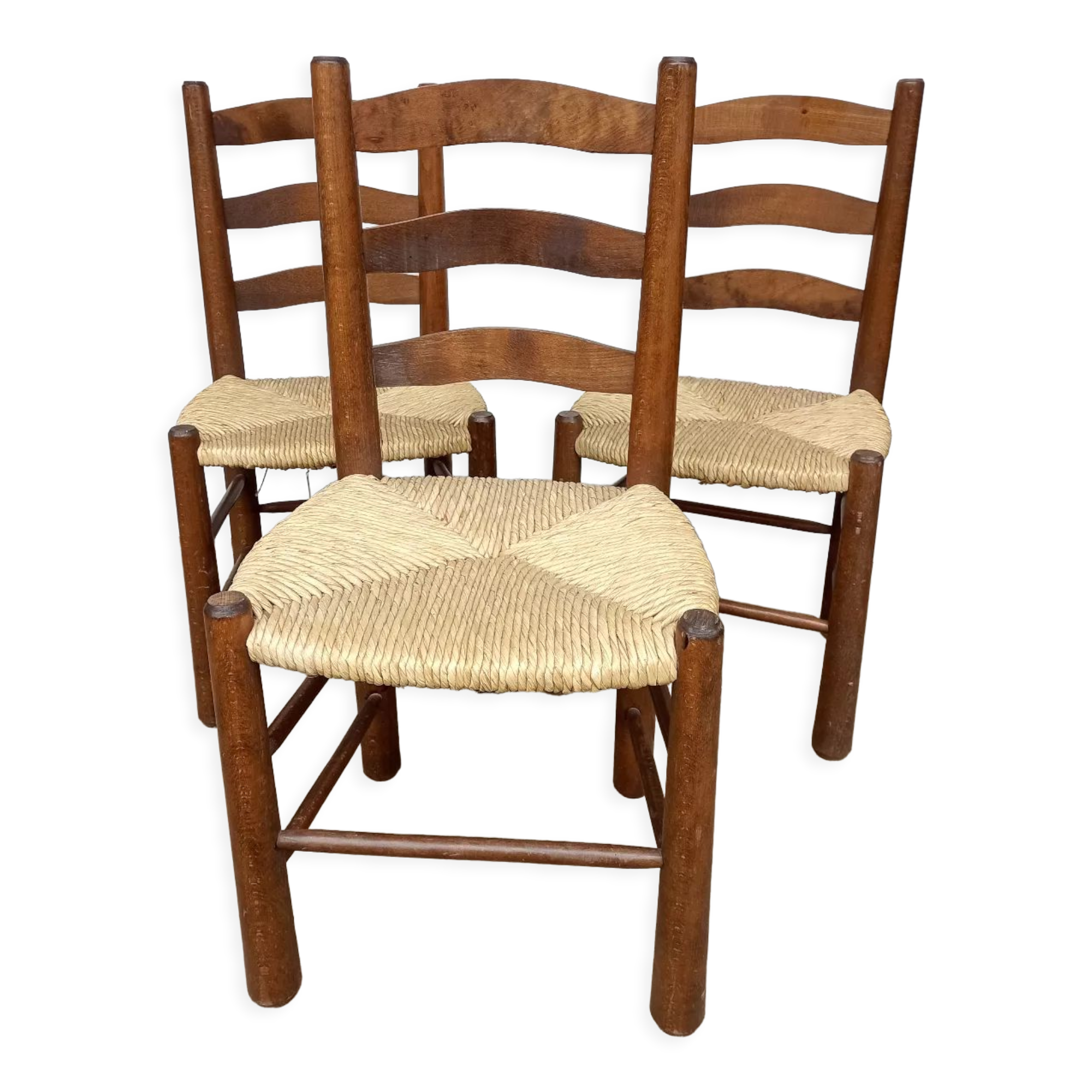 Brutalist chairs in walnut and straw