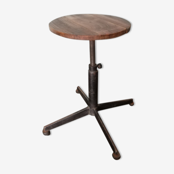 Vintage industrial workshop stool, wood and metal, adjustable with screws