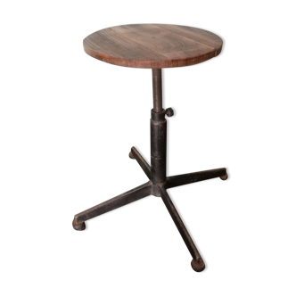 Vintage industrial workshop stool, wood and metal, adjustable with screws