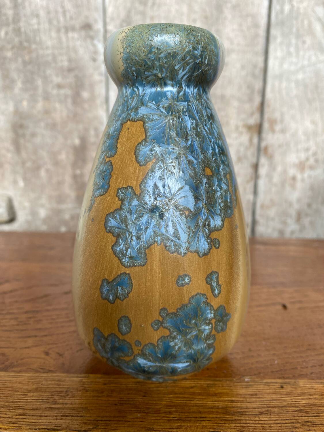 Old mougin style vase ceramic beige crystallized enamel blue france