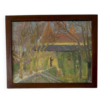 Gouache on canvas, glazed wooden frame