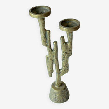 Brutalist handmade heavy candle holder made of metal and brass, for larger candles, vintage
