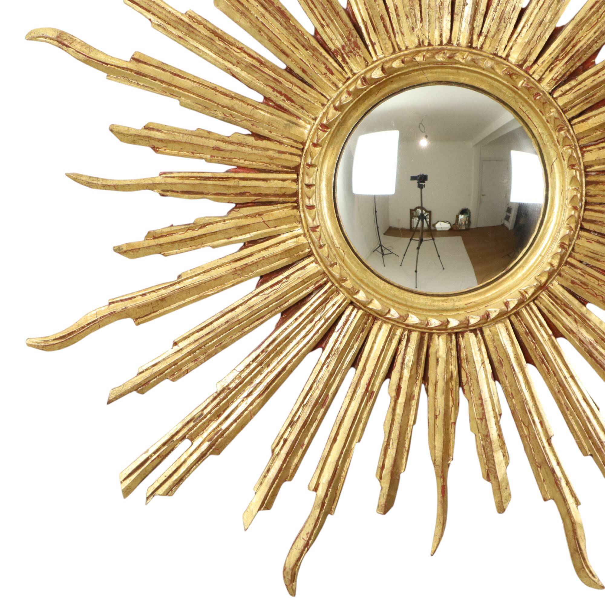 Large Gold Leaf Gilded Wooden Sun Mirror Sunburst Mirror 75cm