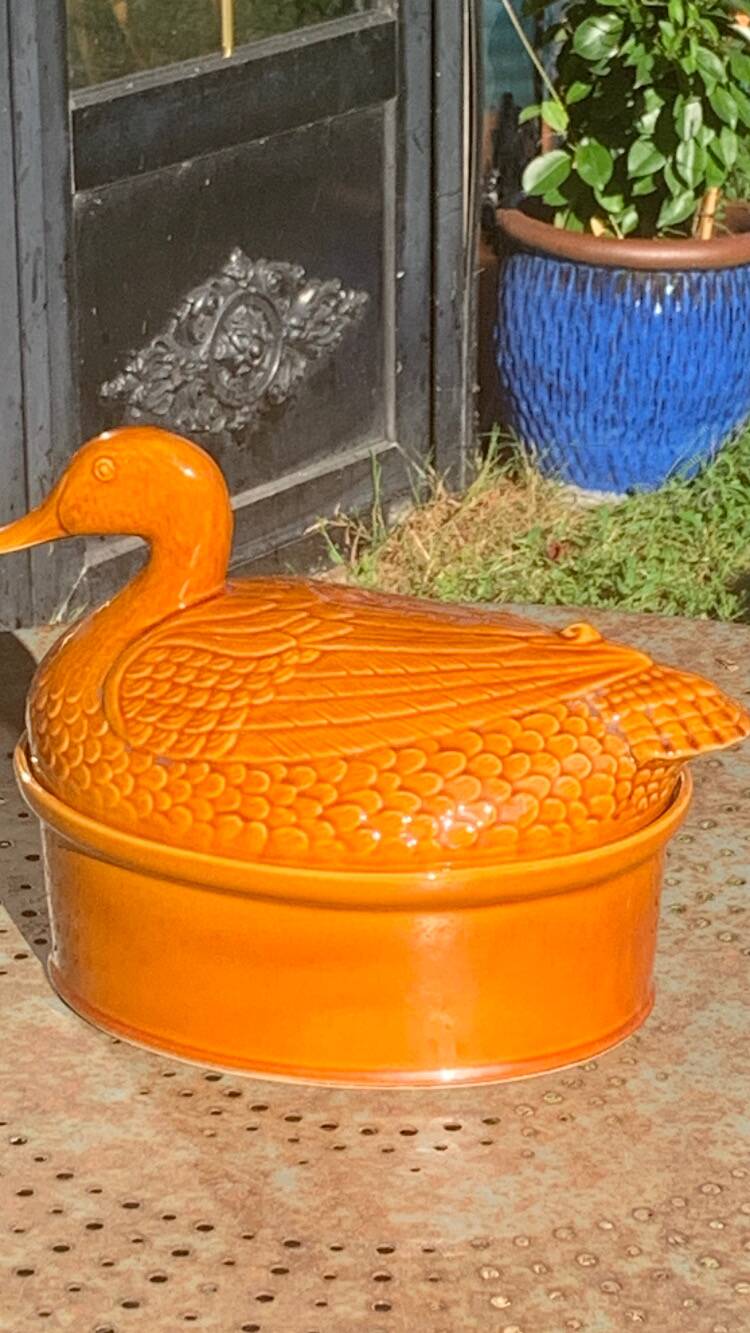 Duck, slip, glazed ceramic terrine, brown, vintage