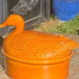 Duck, slip, glazed ceramic terrine, brown, vintage