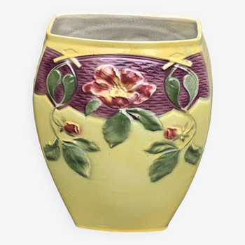 Vase in yellow enameled ceramic slip, pattern of pink hawthorn flowers, art deco, collector