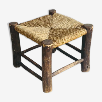 Tabouret bas brutaliste - assise en corde tressée - 1960