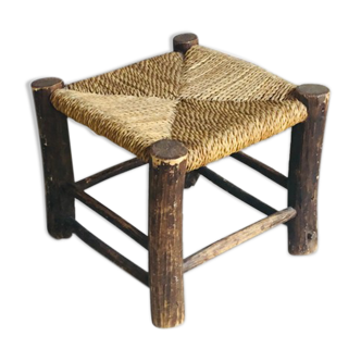 Tabouret bas brutaliste - assise en corde tressée - 1960