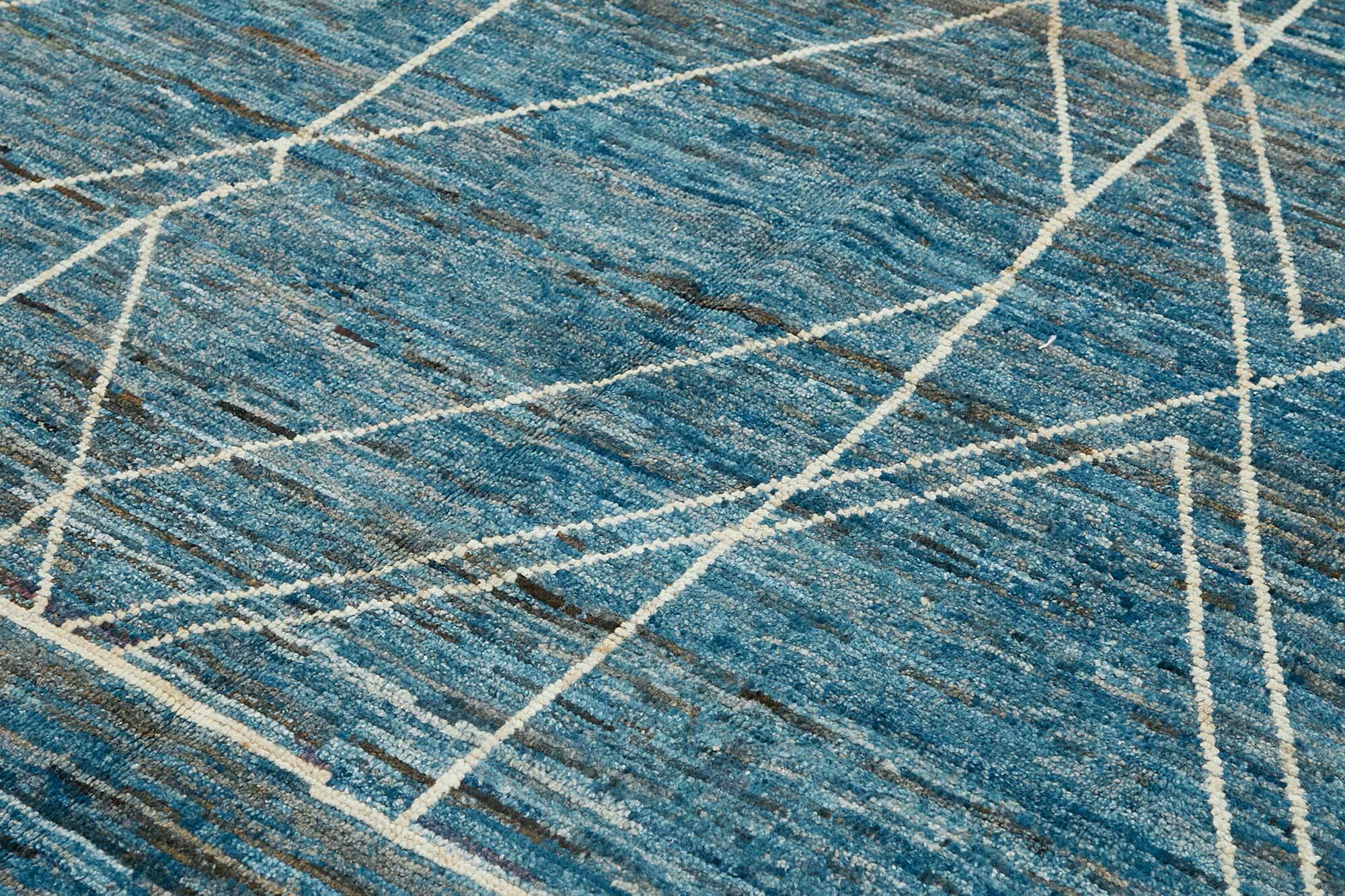 Tapis tribal tissé à la main en laine bleue unique en son genre, 201 cm x 304 cm