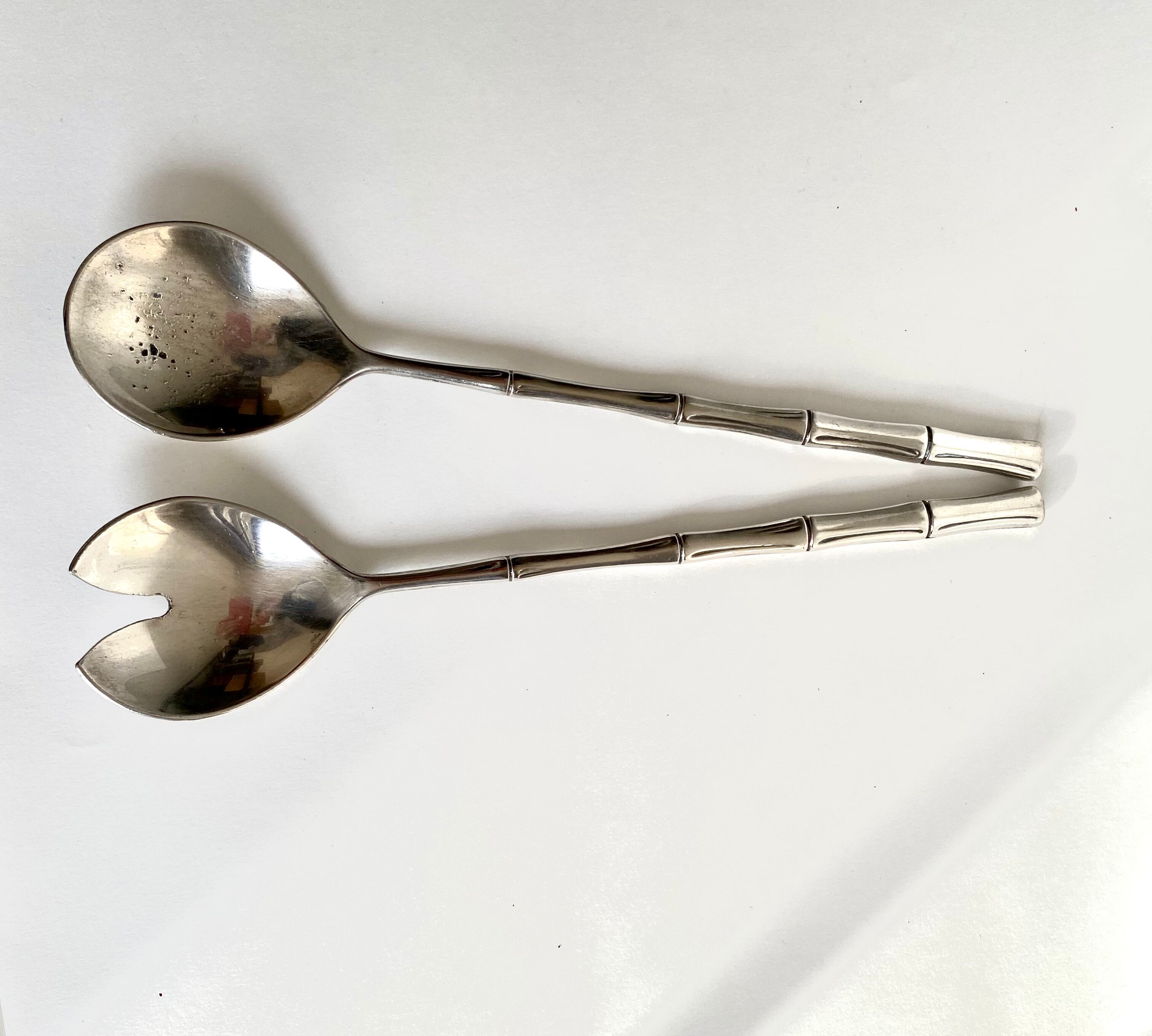 Silver metal service cutlery, bamboo model