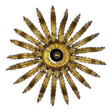 Large French sunburst flower leafed light fixture in gilt metal, 1960s