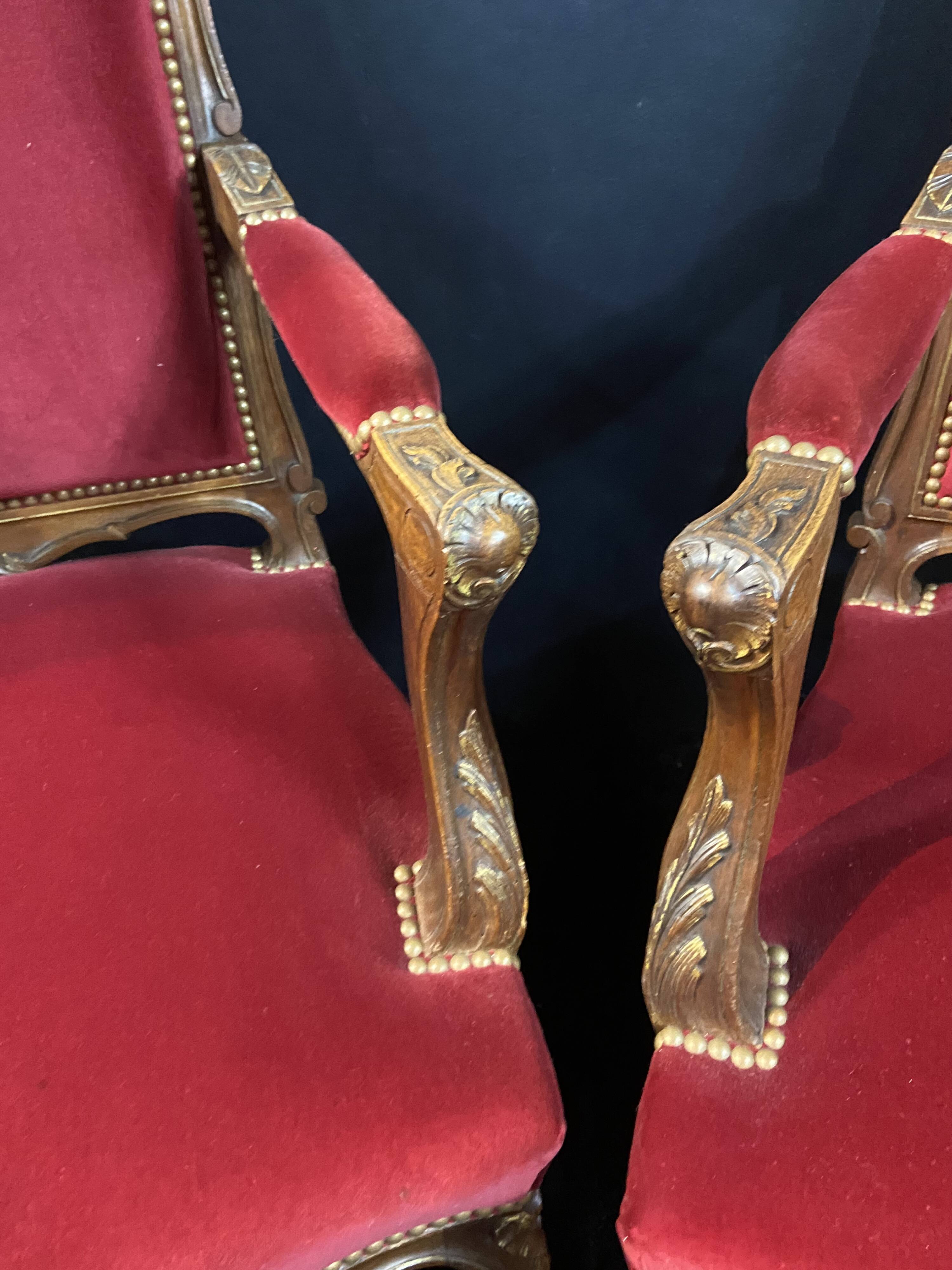 Pair of flat-back armchairs in Louis XV style in red velvet.