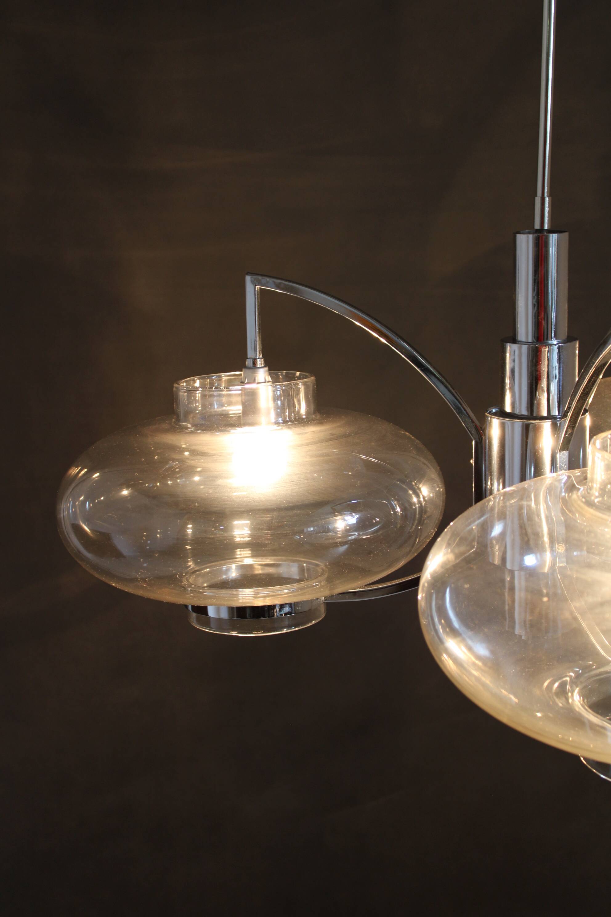 1970s Italian Chrome Plated and Glass Chandelier