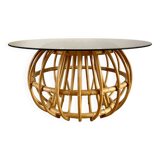 Designer round coffee table in rattan and smoked glass 1970